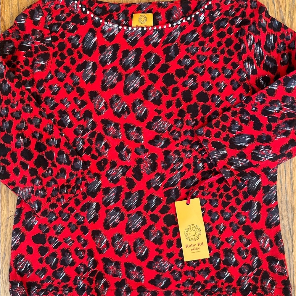 Ruby Rd. Red and Black Animal Print Top - Picture 3 of 7
